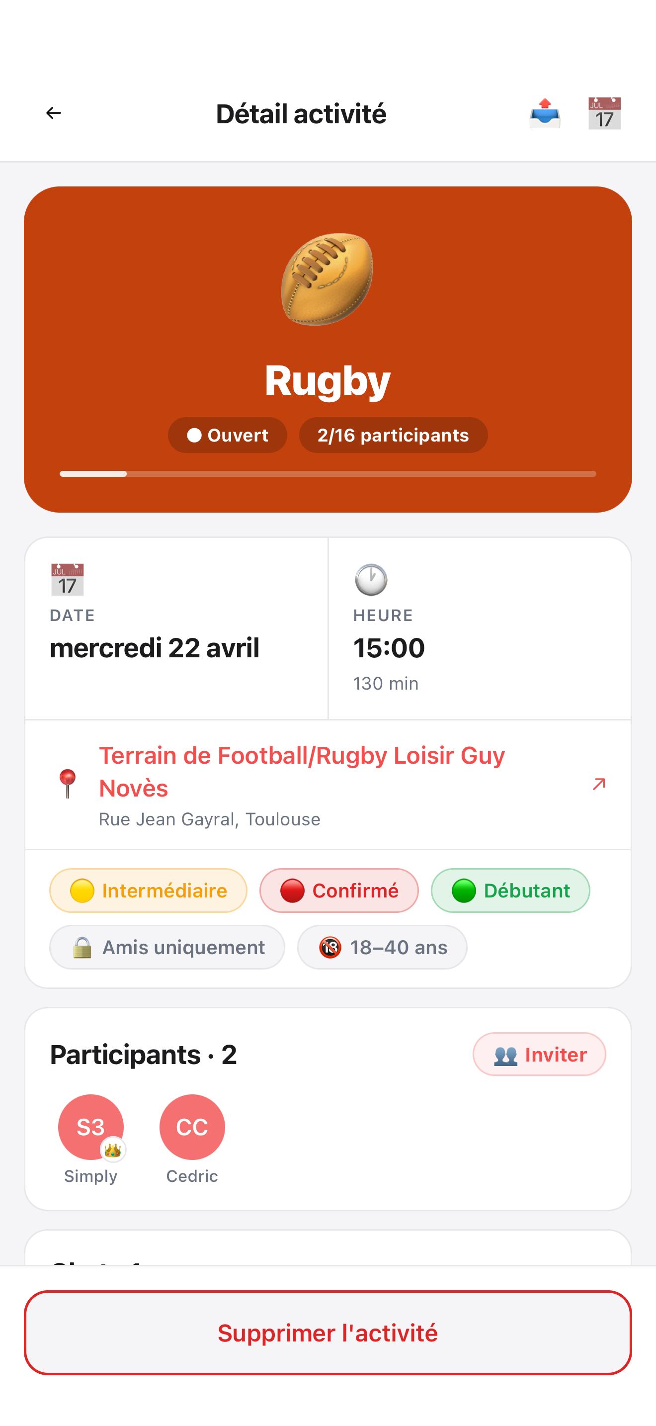 Détail activité et chat