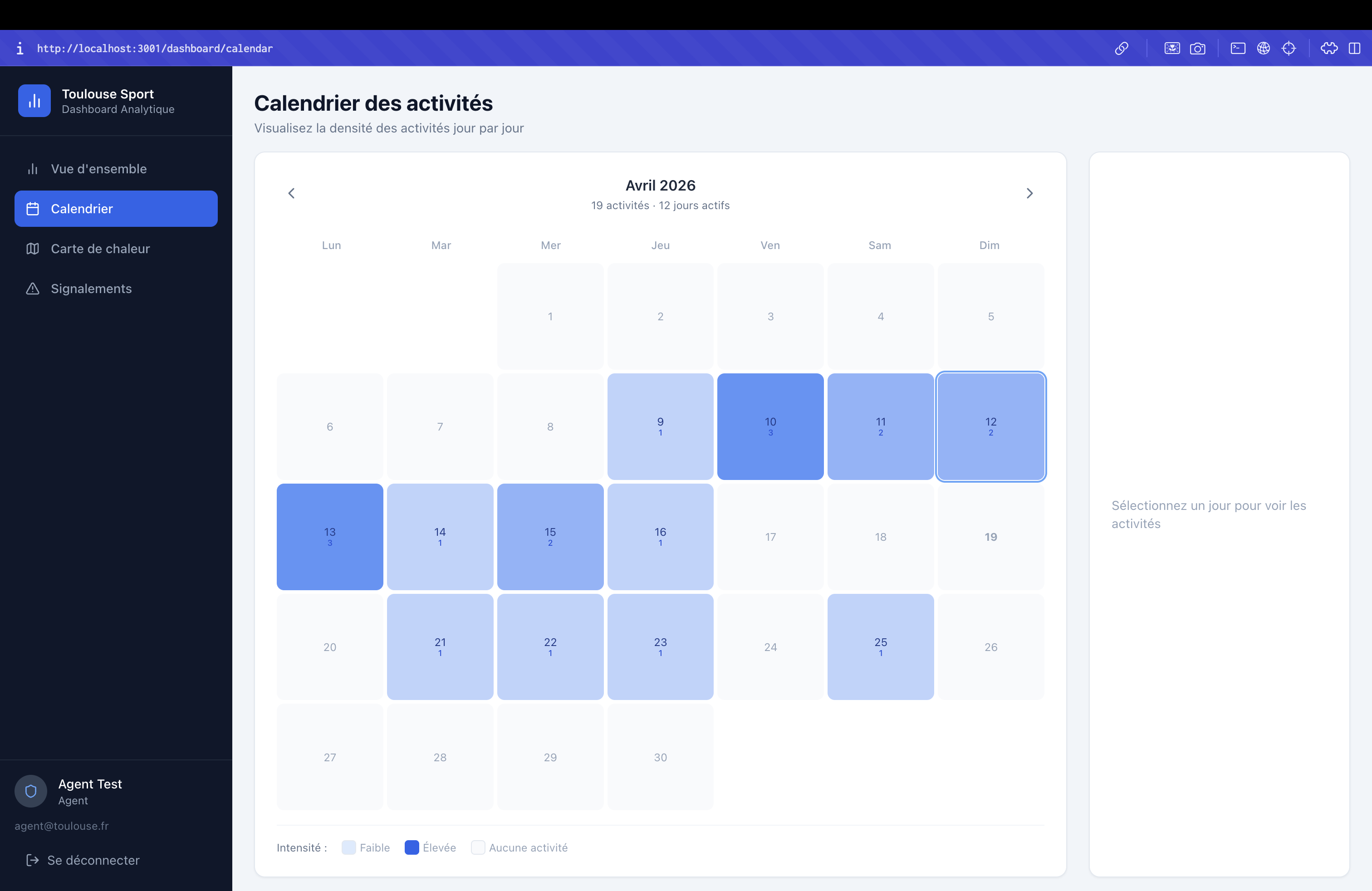 Dashboard - Calendrier des activités